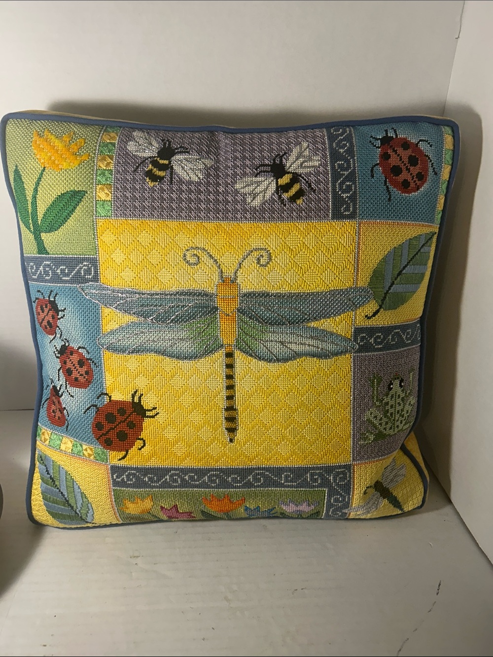 Decorative Dragonfly & Ladybug Accent Pillow in Yellow and Blue